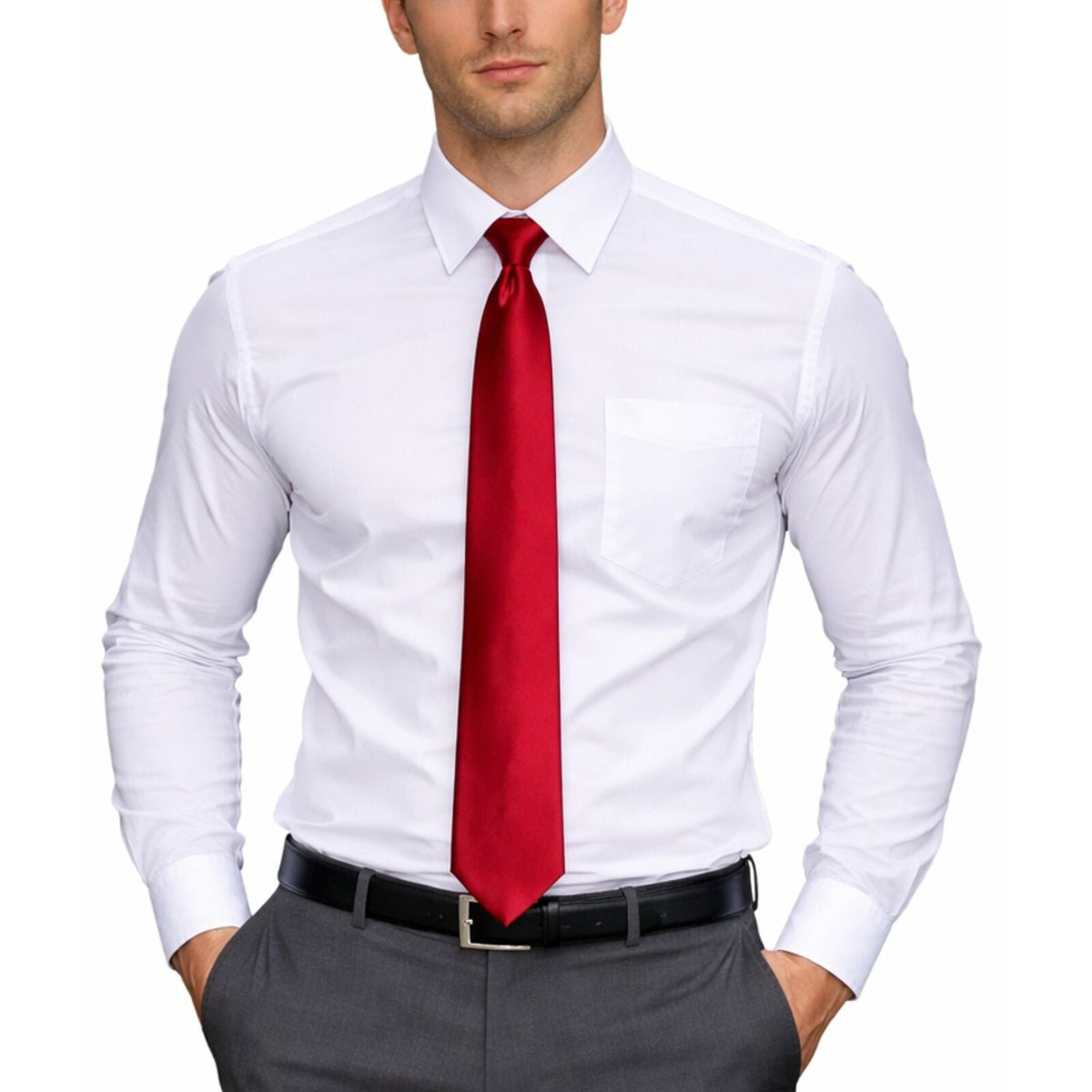 Mens Skinny Tie Slim Plain Polyester Necktie Formal Wedding Party - Burgundy