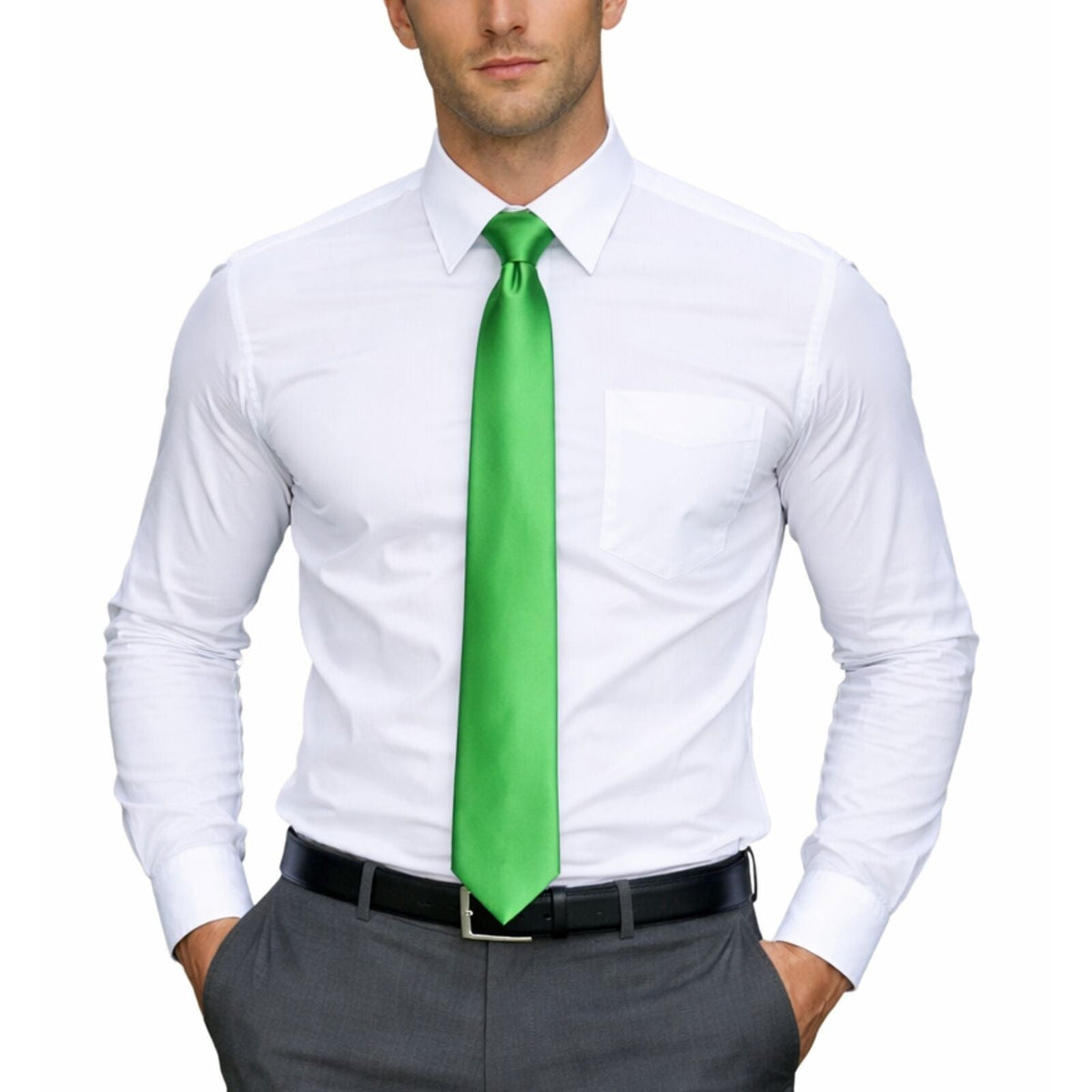 Mens Skinny Tie Slim Plain Polyester Necktie Formal Wedding Party - Green