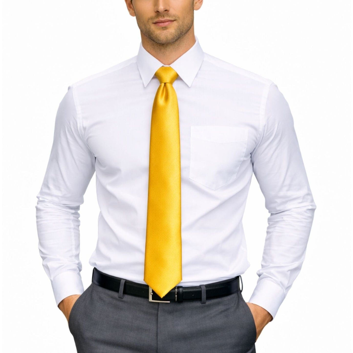 Mens Skinny Tie Slim Plain Polyester Necktie Formal Wedding Party - Yellow