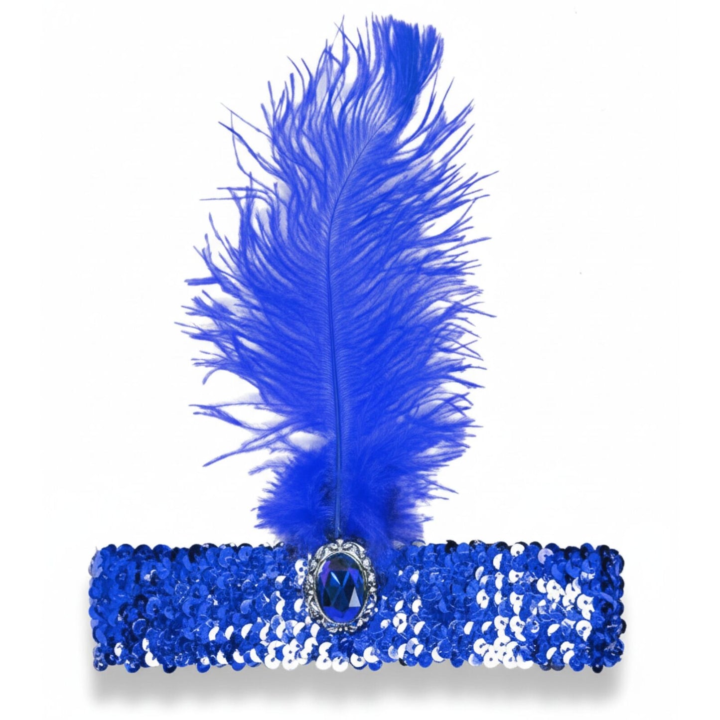 WIDE FLAPPER HEADBAND Feather Sequin Costume Gatsby Charleston Headpiece 1920s - Blue