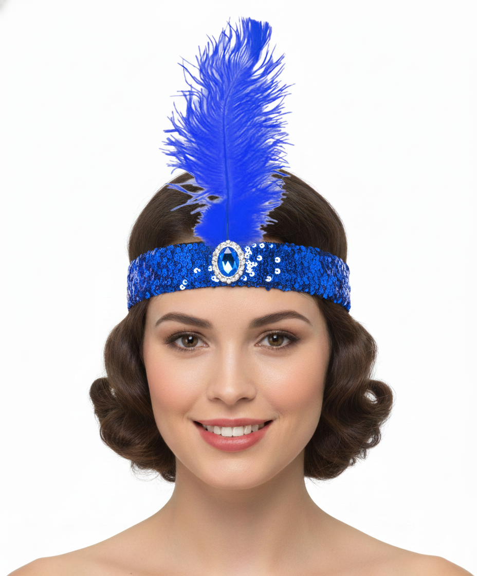 WIDE FLAPPER HEADBAND Feather Sequin Costume Gatsby Charleston Headpiece 1920s - Blue