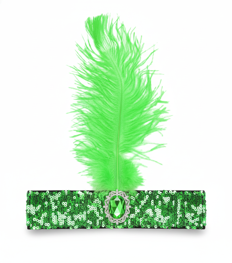 WIDE FLAPPER HEADBAND Feather Sequin Costume Gatsby Charleston Headpiece 1920s - Green