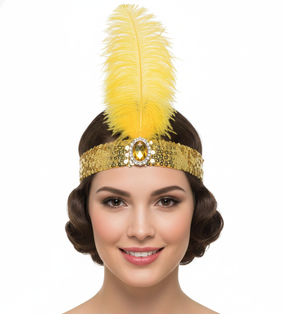 WIDE FLAPPER HEADBAND Feather Sequin Costume Gatsby Charleston Headpiece 1920s - Orange