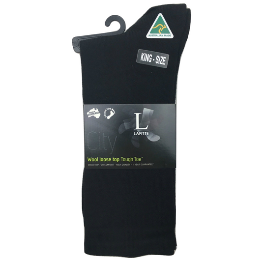 AUSTRALIAN MADE Wool Loose Top Socks Wide Top Comfort High Quality Tough Toe - Black - 6-10
