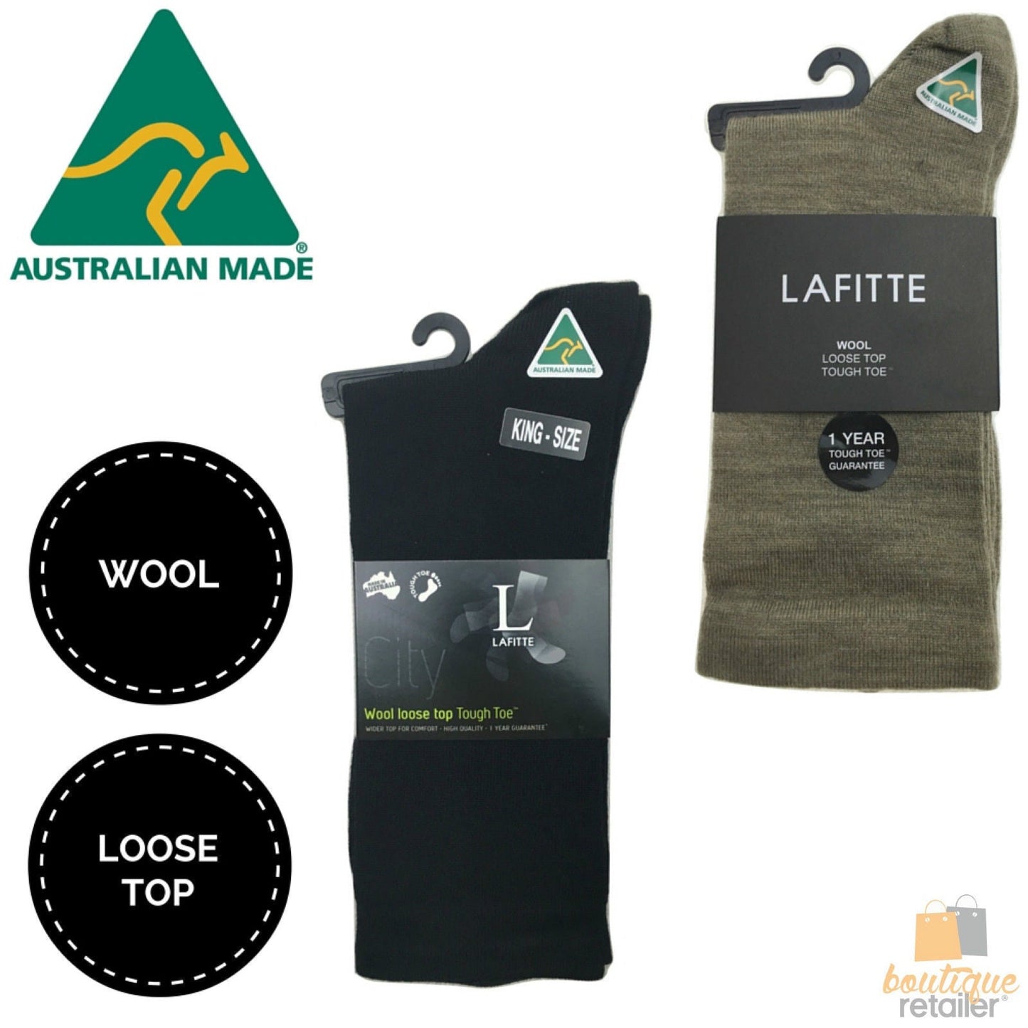 AUSTRALIAN MADE Wool Loose Top Socks Wide Top Comfort High Quality Tough Toe-1
