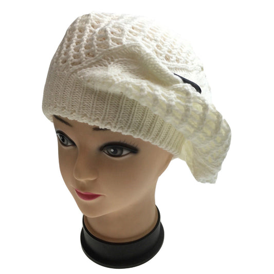 Womens FRENCH BERET HAT Knitted Cap Winter Warm Double Layered Ladies Beanie - White-0