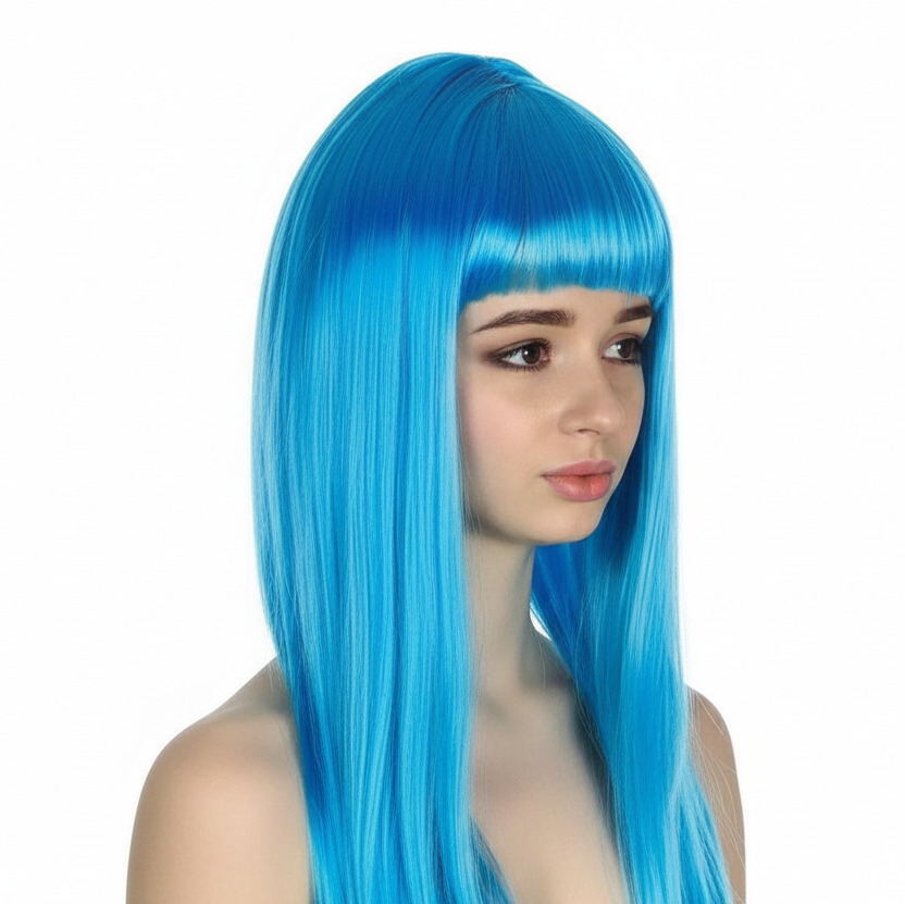 LONG WIG Straight Party Hair Costume Fringe Cosplay Fancy Dress 70cm Womens - Light Blue (22459)