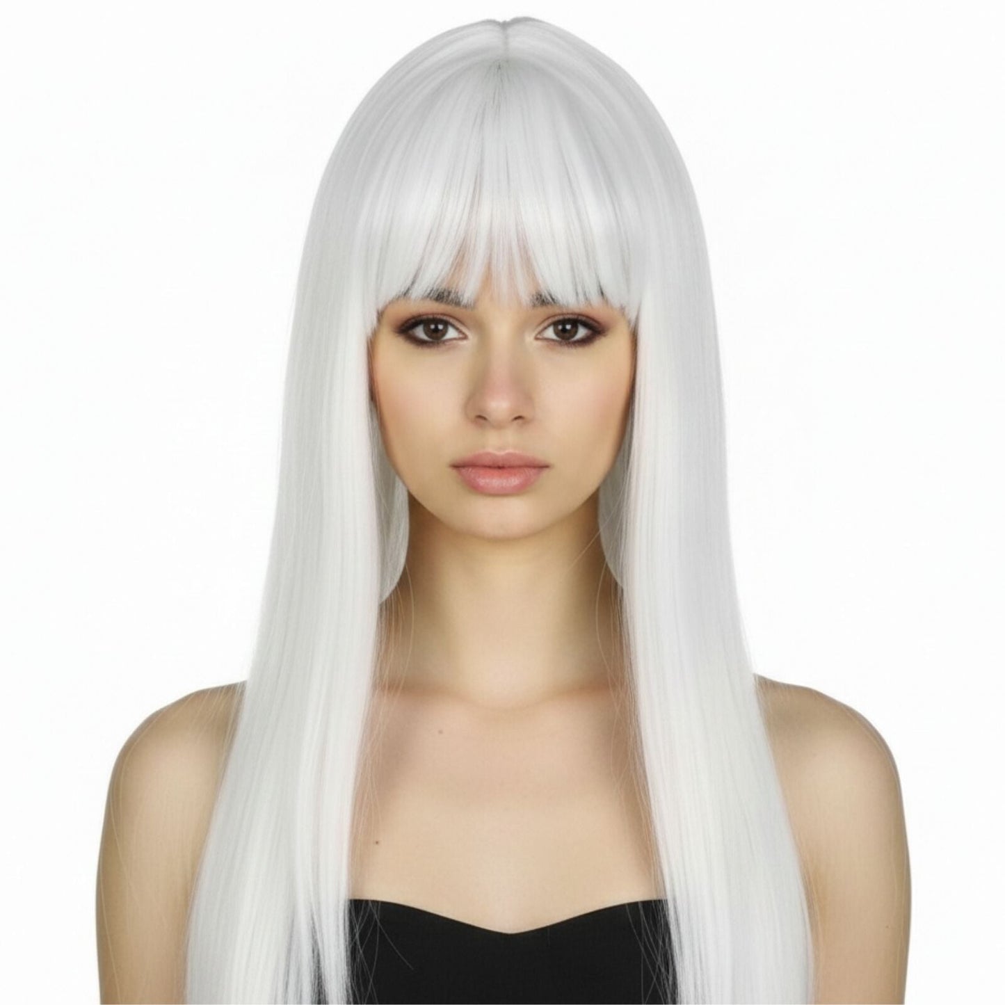 LONG WIG Straight Party Hair Costume Fringe Cosplay Fancy Dress 70cm Womens - White (22451)