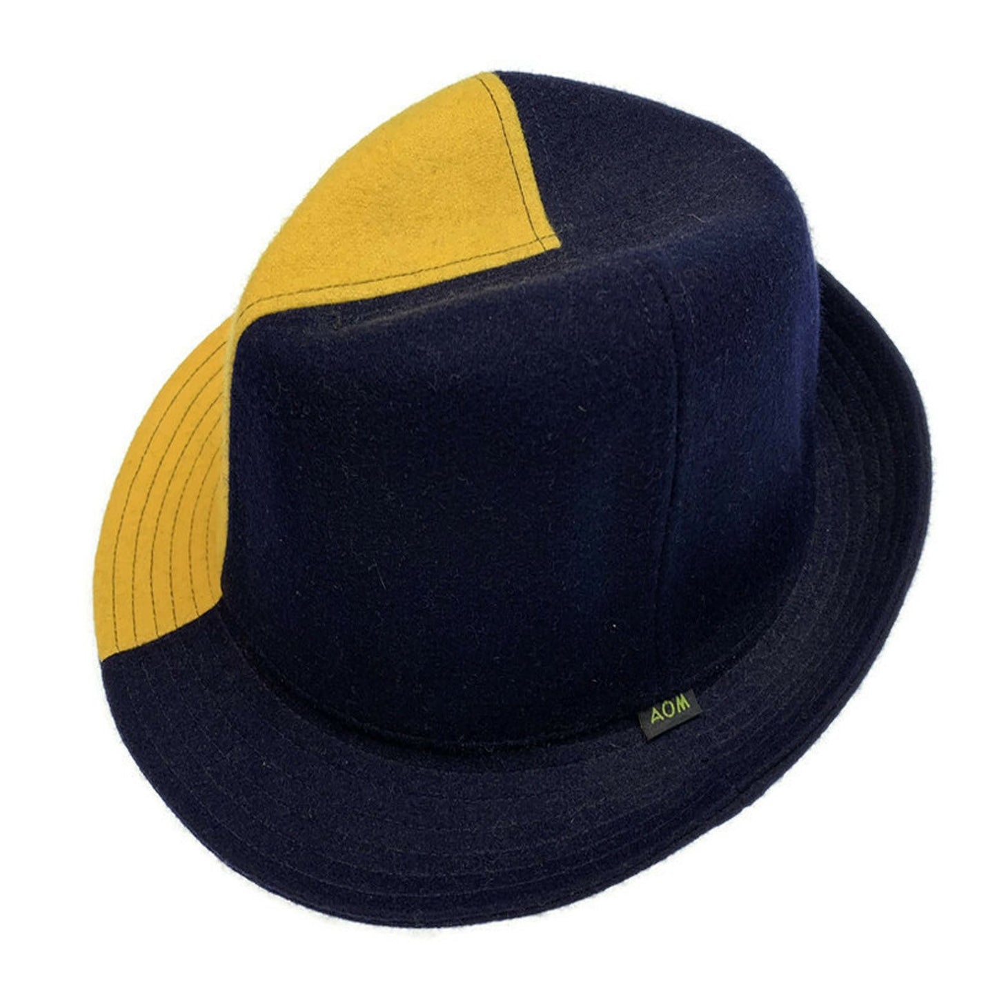 Mens Wool Trilby Hat Warm Winter Fedora Brim - Yellow/Navy Blue-1