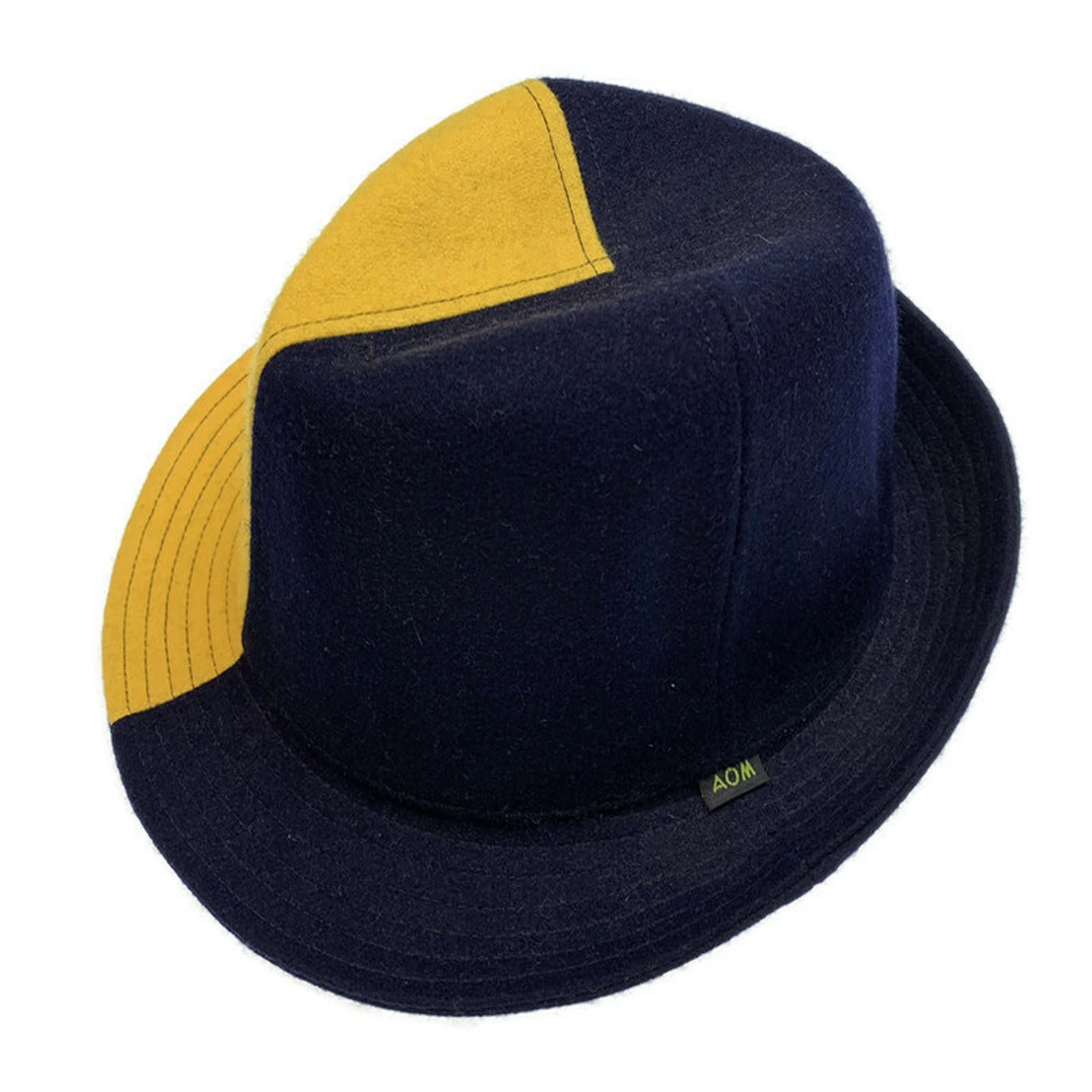 Mens Wool Trilby Hat Warm Winter Fedora Brim - Yellow/Navy Blue-1