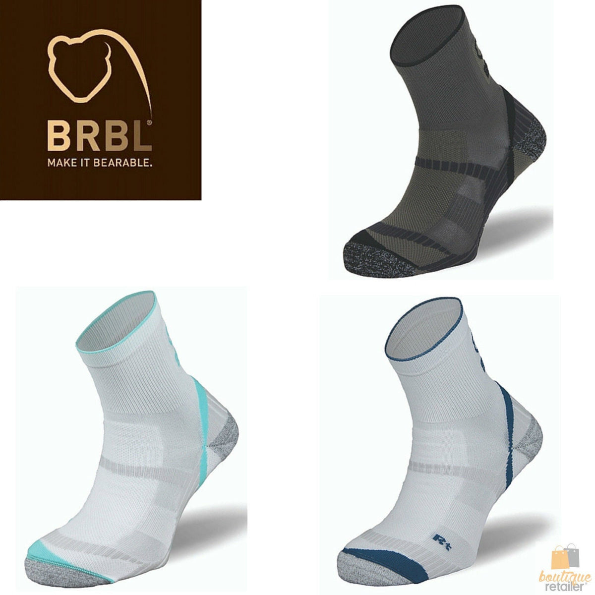 BRBL Atlas Socks Hiking Trekking Trail Run Outdoor Camping MADE IN ITALY Crew - White/Aqua