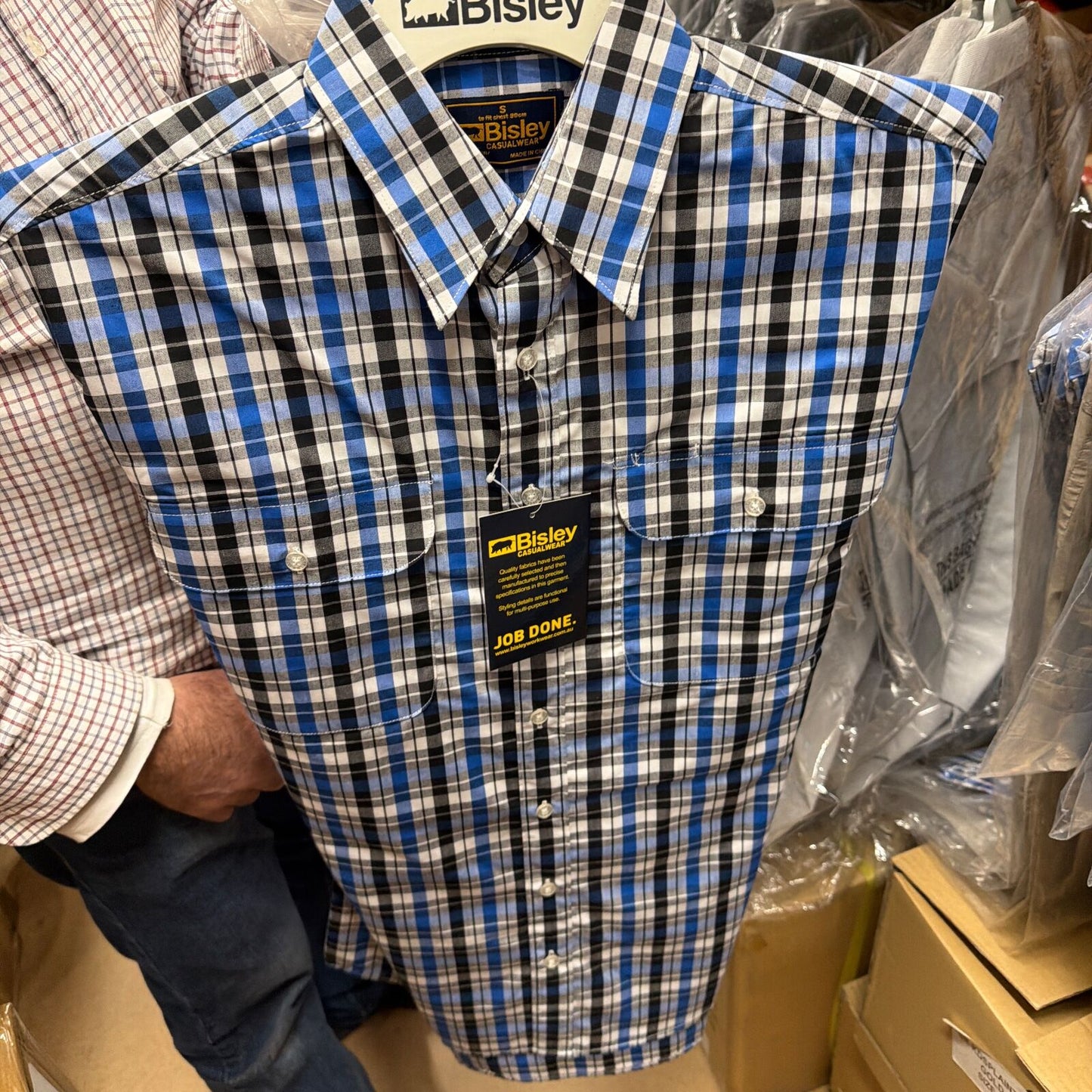 BISLEY SHORT SLEEVE SHIRT Everyday Casual Business Work Cotton Blend in Blue Check (Size S)