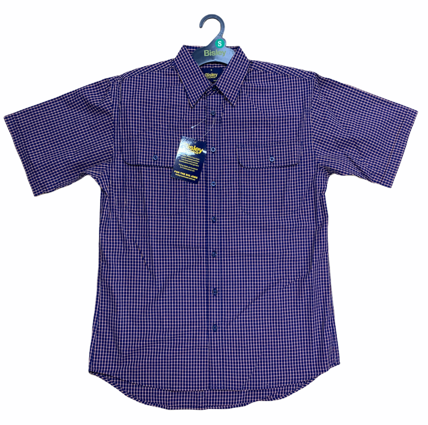 Bisley Mens Short Sleeve Check Shirt Checkered Cotton Blend Casual Business Work - Navy-1