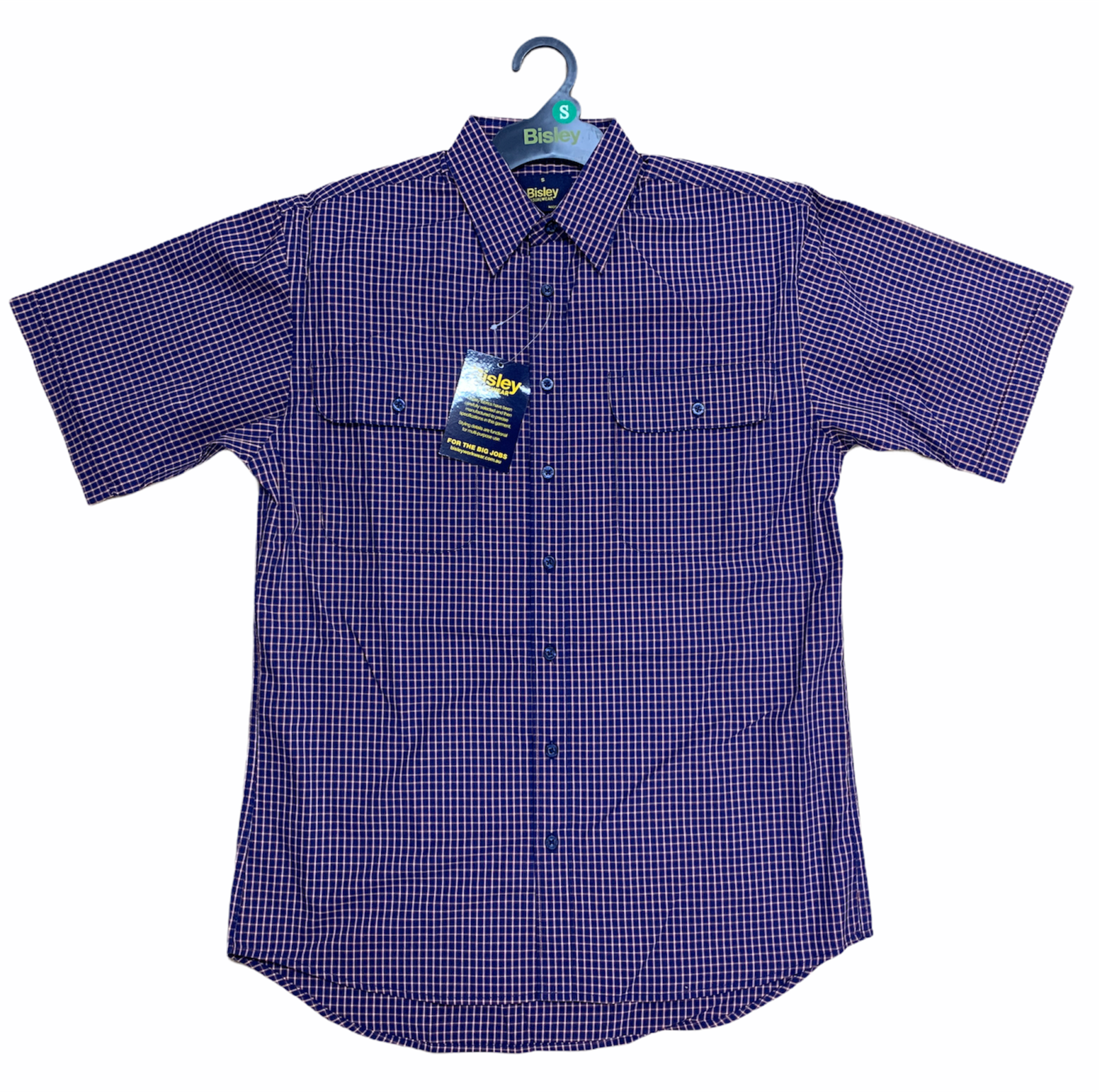 Bisley Mens Short Sleeve Check Shirt Checkered Cotton Blend Casual Business Work - Navy-1
