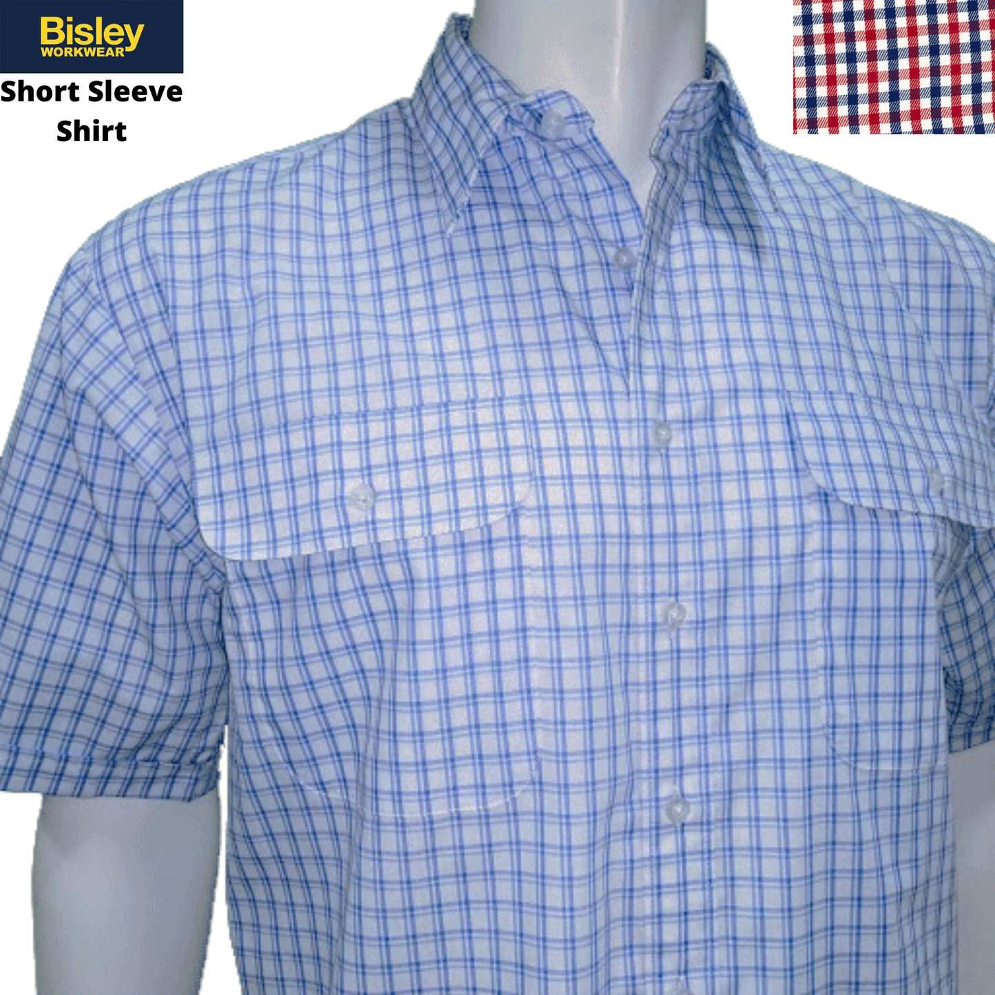 Bisley Mens Short Sleeve Check Shirt Checkered 100% Cotton Casual Business Work - Red-1