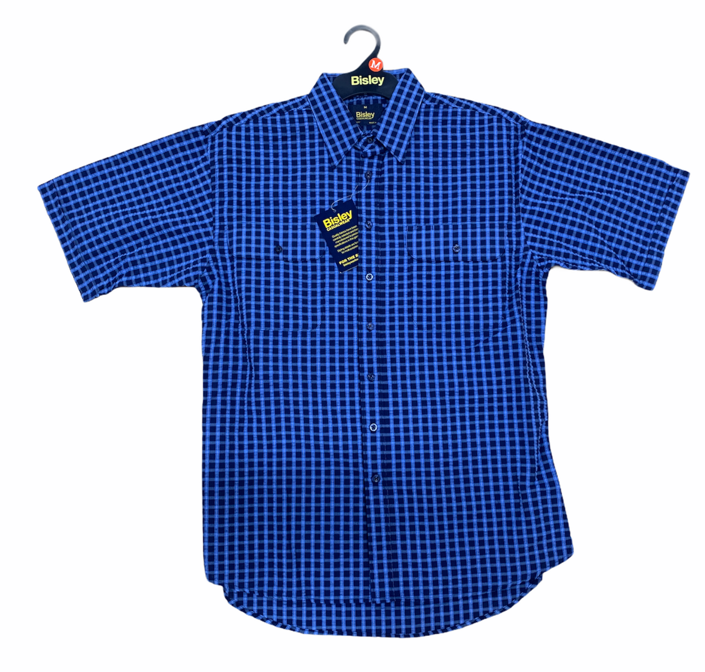 Bisley Mens Short Sleeve Seersucker Shirt Checkered Cotton Blend Casual Business Work - Blue-0