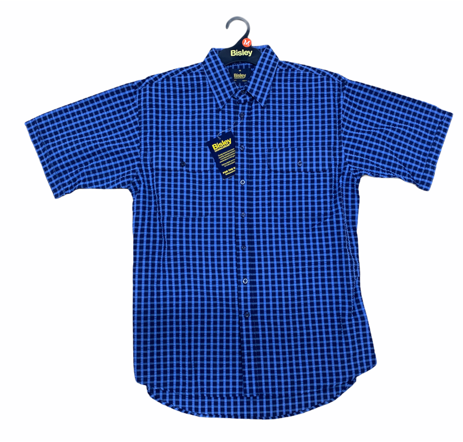 Bisley Mens Short Sleeve Seersucker Shirt Checkered Cotton Blend Casual Business Work - Blue-0