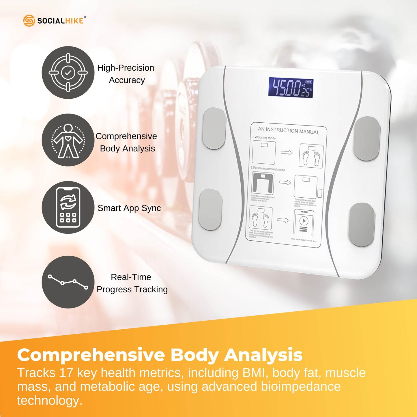 Bluetooth Smart Body Fat Scale White - Digital BMI Weight USB Recharge with App-2