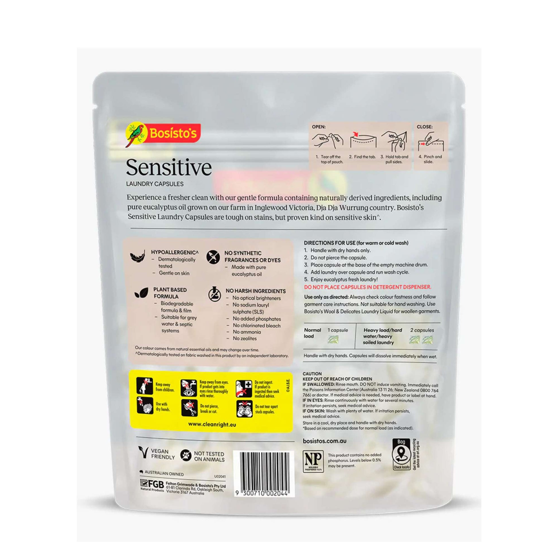 Bosisto's Sensitive Laundry Capsules 20 Pack - Front Top Loader Eucalyptus Pods-1