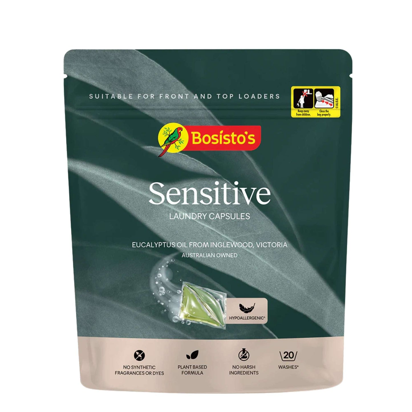 Bosisto's Sensitive Laundry Capsules 20 Pack - Front Top Loader Eucalyptus Pods-0