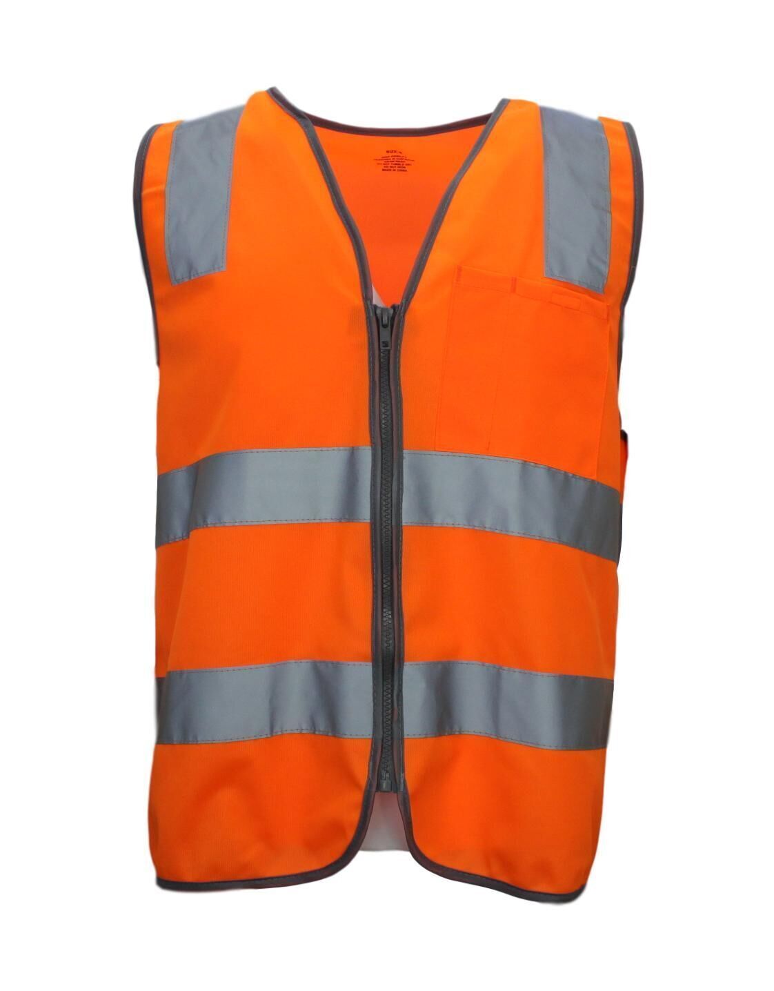 Hi Vis Safety Vest Reflective Tape Zip Up Workwear Pocket High Visibility in Orange-3