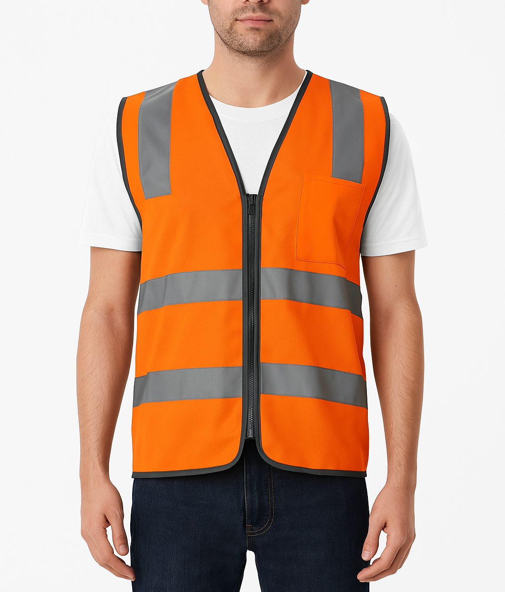Hi Vis Safety Vest Reflective Tape Zip Up Workwear Pocket High Visibility in Orange-1