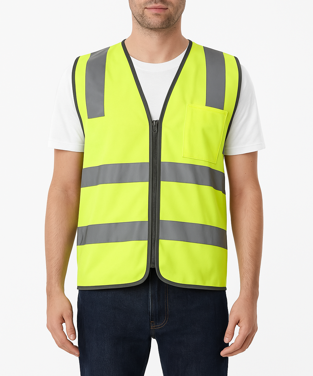 Hi Vis Safety Vest Reflective Tape Zip Up Workwear Pocket High Visibility in Yellow-1