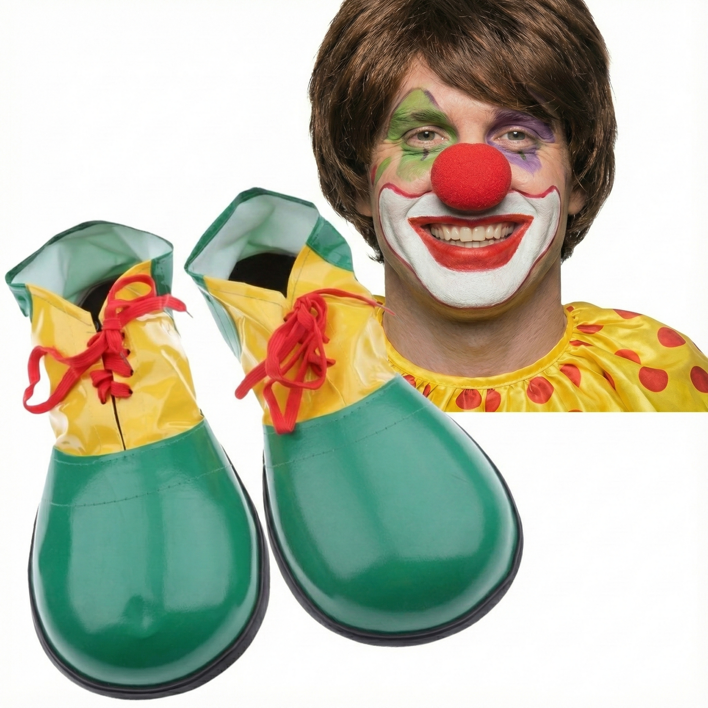 2Pcs Set Clown Nose + Large Shoes Circus Halloween Costume Fancy Dress Up Party - Green/Yellow