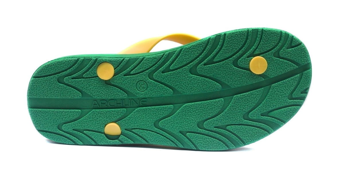 ARCHLINE Flip Flops Orthotic Thongs Arch Support Shoes Footwear - Green/Gold