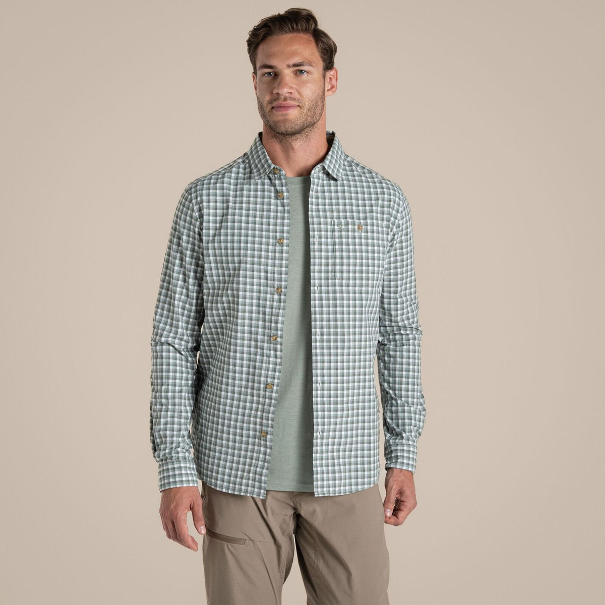 Craghoppers NosiLife Nuoro Check Long Sleeve Shirt in Lichen Green / Ecru Check