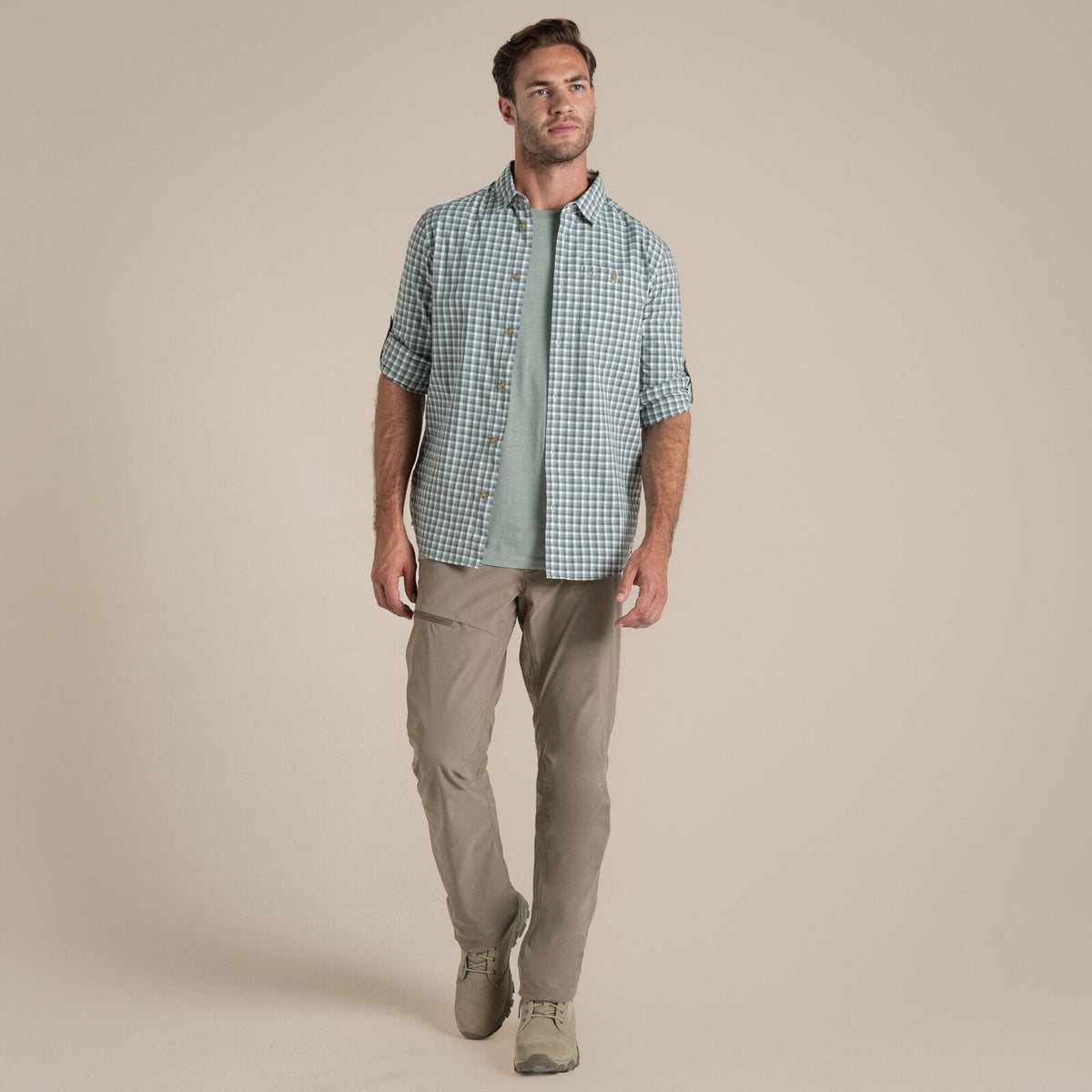 Craghoppers NosiLife Nuoro Check Long Sleeve Shirt in Lichen Green / Ecru Check