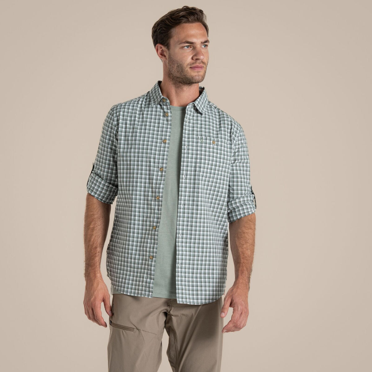 Craghoppers NosiLife Nuoro Check Long Sleeve Shirt in Lichen Green / Ecru Check