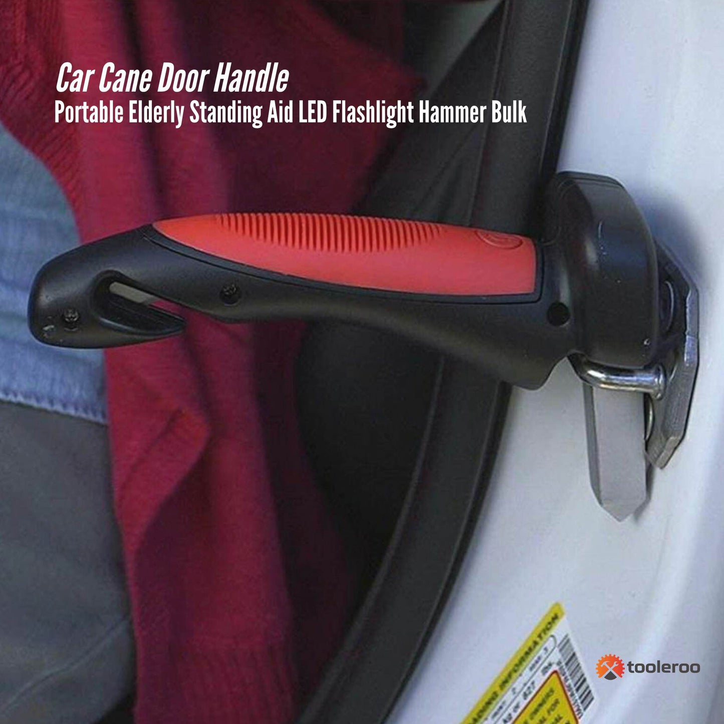 1x Car Cane Door Handle - Portable Elderly Standing Aid LED Flashlight Hammer Tool-1
