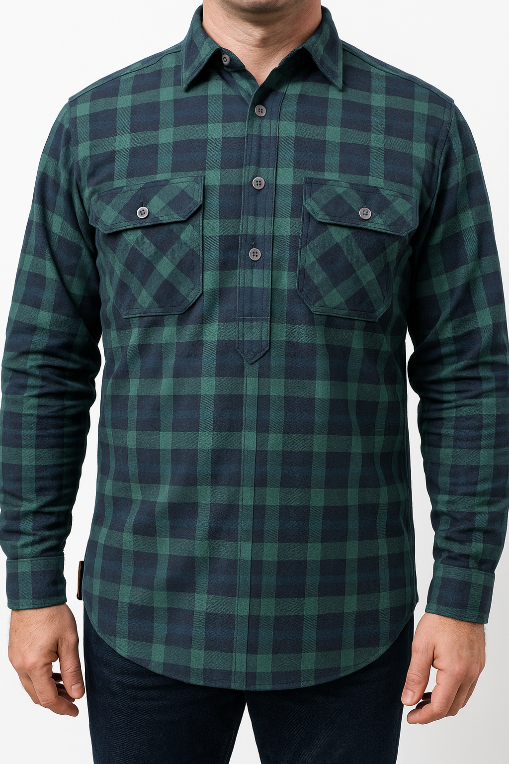 Mens Flannelette Long Sleeve Pullover Shirt 100% Cotton Flannel - Half Placket - Green/Navy-0
