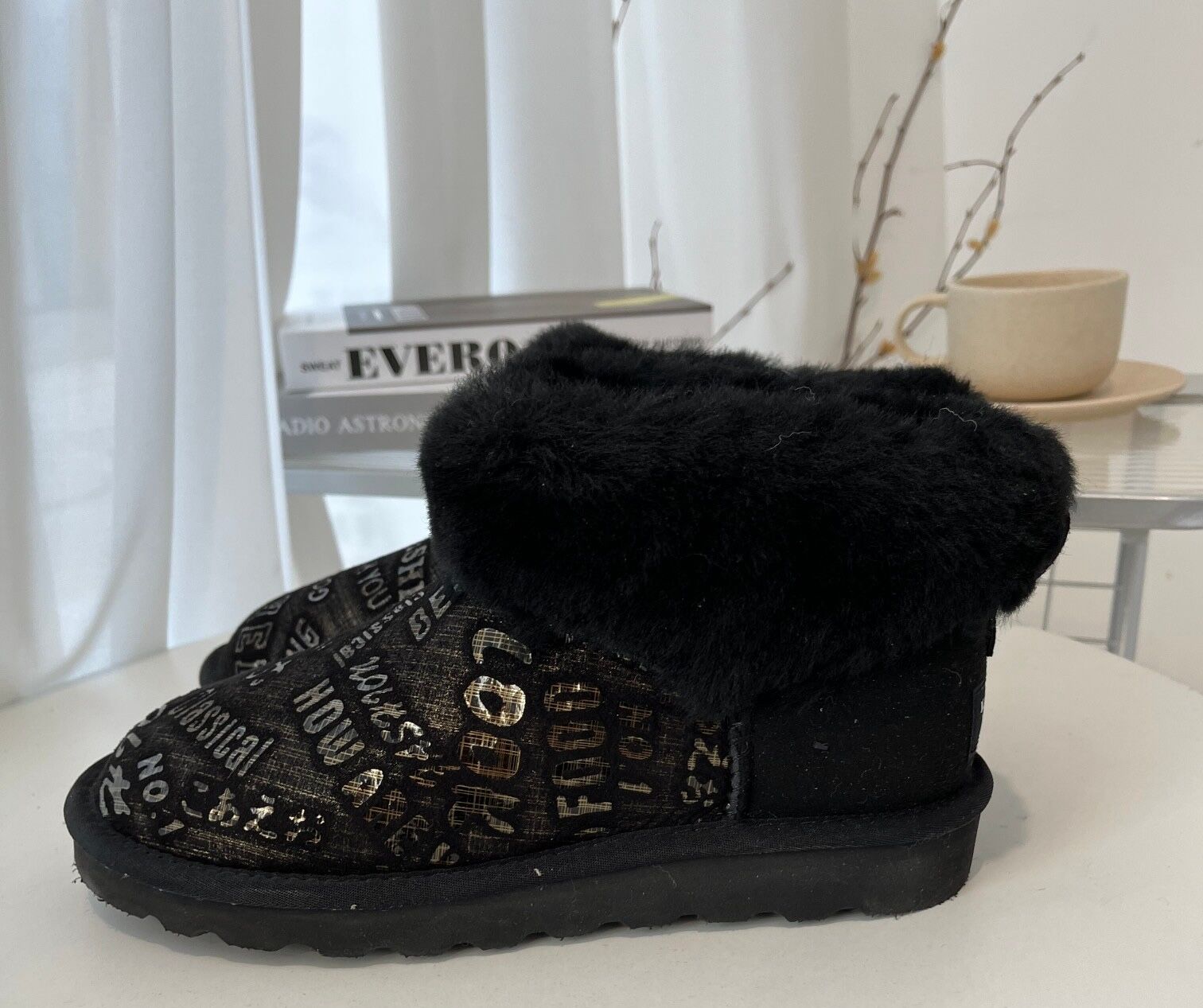 Womens Australian Sheepskin Wool Fur Mini UGG Ankle Boots in Gold Black-1