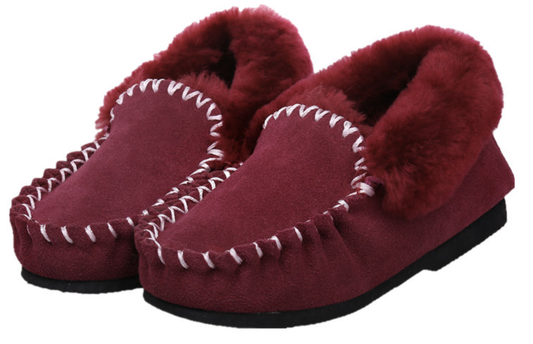 100% Australian Merino Sheepskin Moccasins Slippers Winter Casual Genuine Slip On UGG - Burgundy-0