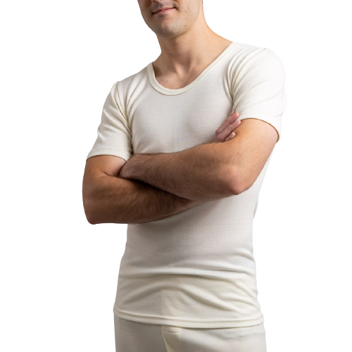 Mens Merino Wool Blend Short Sleeve Thermal Top Underwear Thermals Base Layer - Natural-1