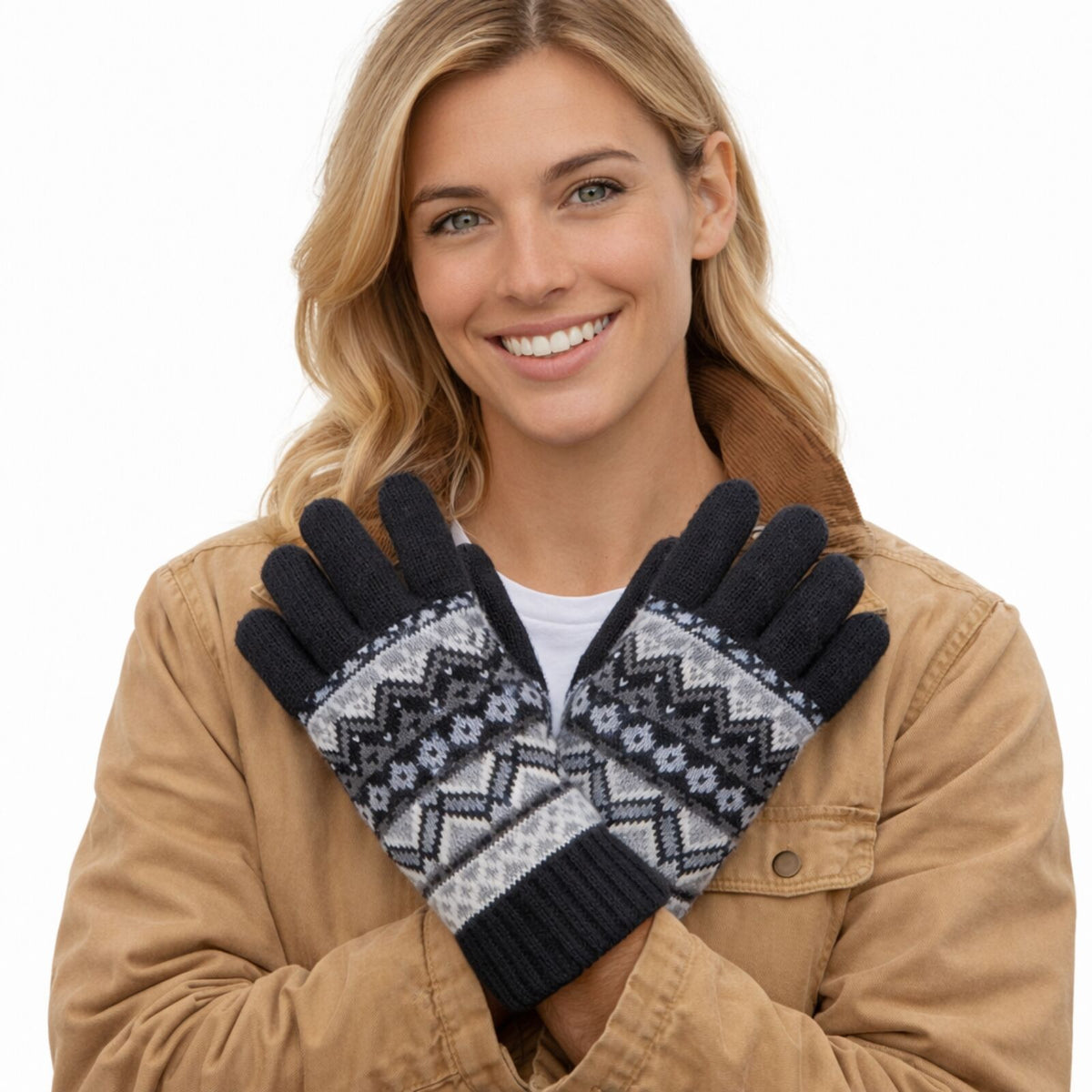 Dents Womens Fair Isle Knit Gloves Fleece Lined Winter Warm - Black/Winter White