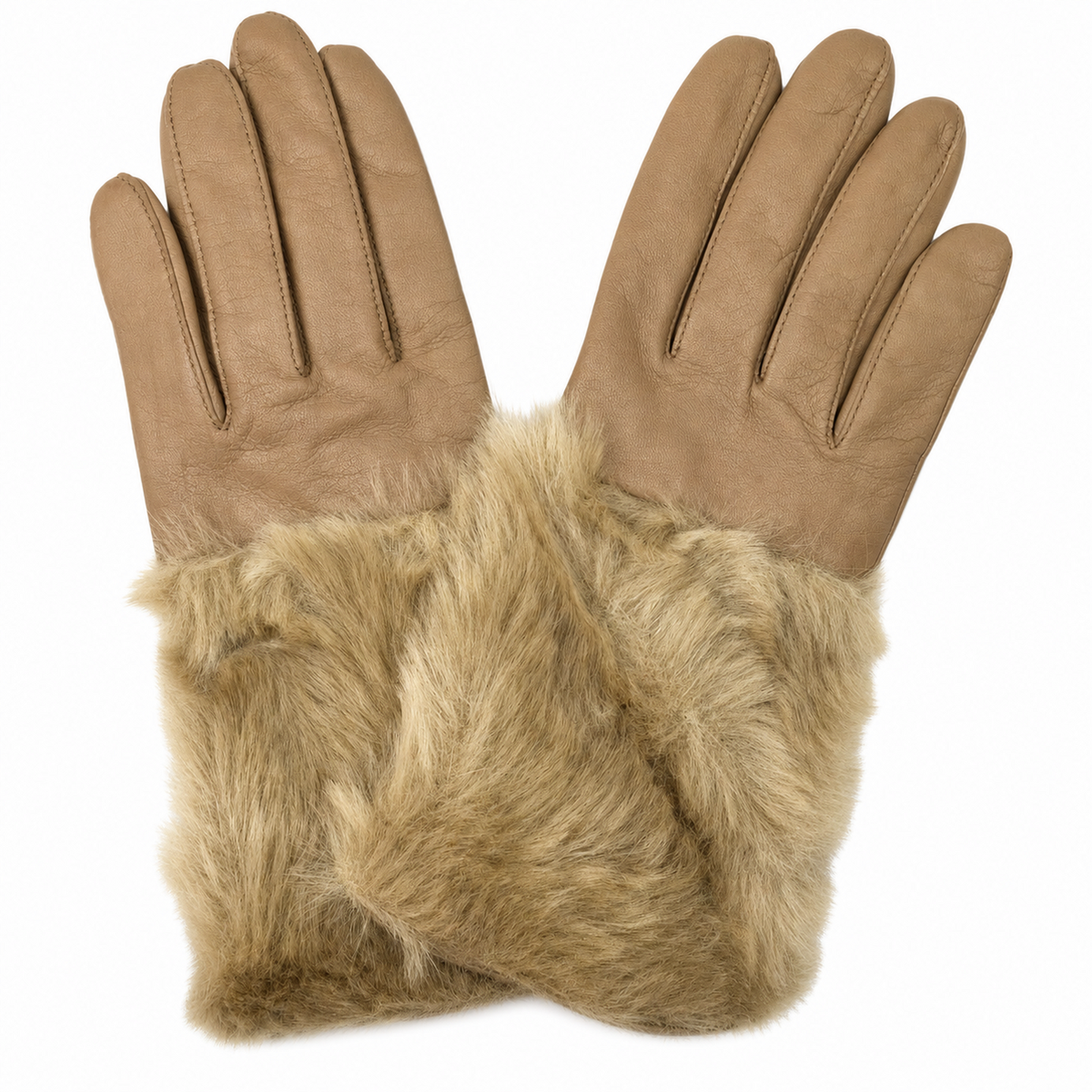 DENTS Womens Hair Sheep Leather Gloves Faux Fur Piped Cuff Elasticised - Almond/Camel