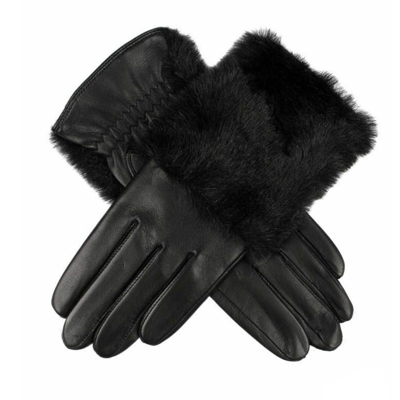 DENTS Womens Hair Sheep Leather Gloves Faux Fur Piped Cuff Elasticised 7-2383-5