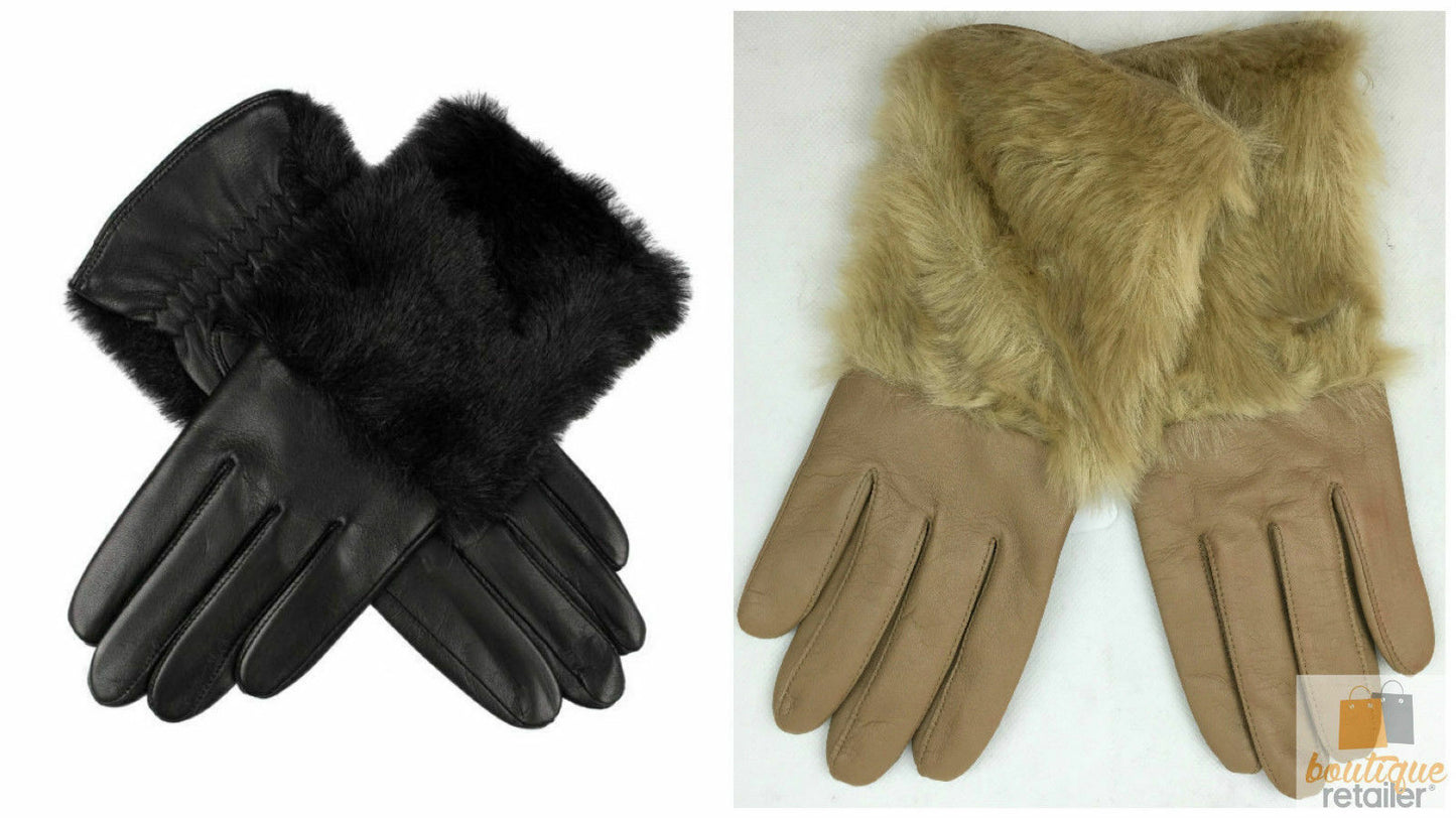 DENTS Womens Hair Sheep Leather Gloves Faux Fur Piped Cuff Elasticised 7-2383-0