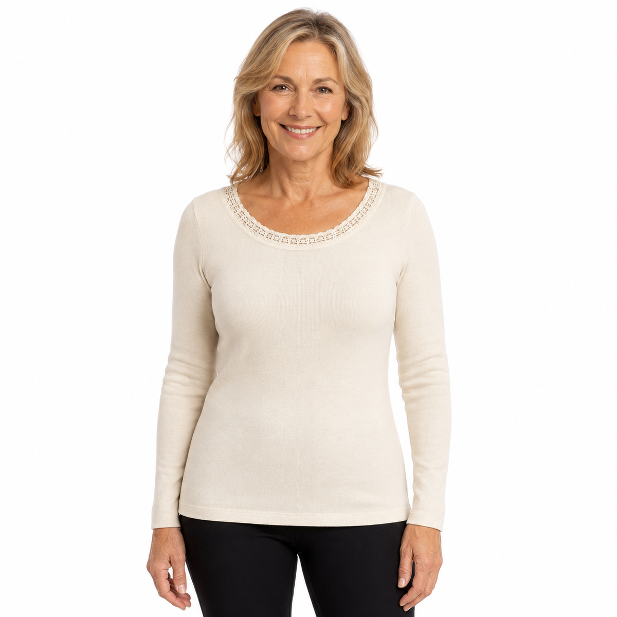 Womens Thermal Long Sleeve Top Wool Blend Underwear Womens Round Neck w/ Motif Lace - Beige