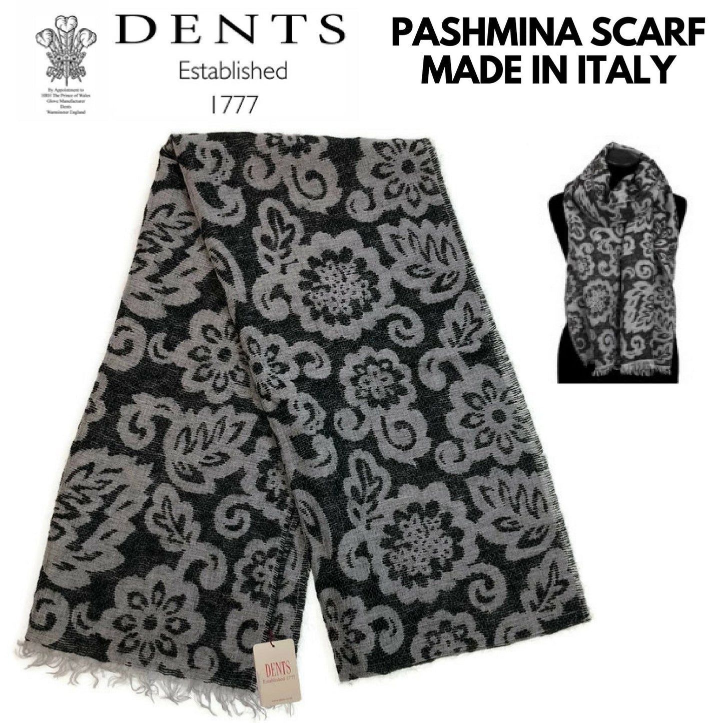 DENTS Large Pashmina Style Scarf w Floral Design Wool Blend Warm Winter-1