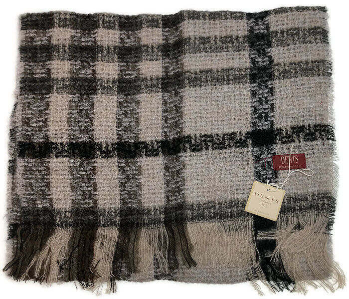 Check Open Weave Scarf Wool Blend Made in Italy Winter Warm 170 x 40cm - Grey