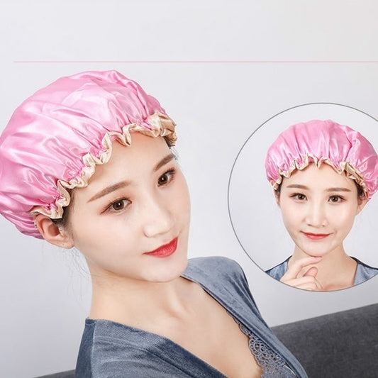 Womens Double-Layer Waterproof Shower Cap Reusable Hat Bath Hair Treatment-0