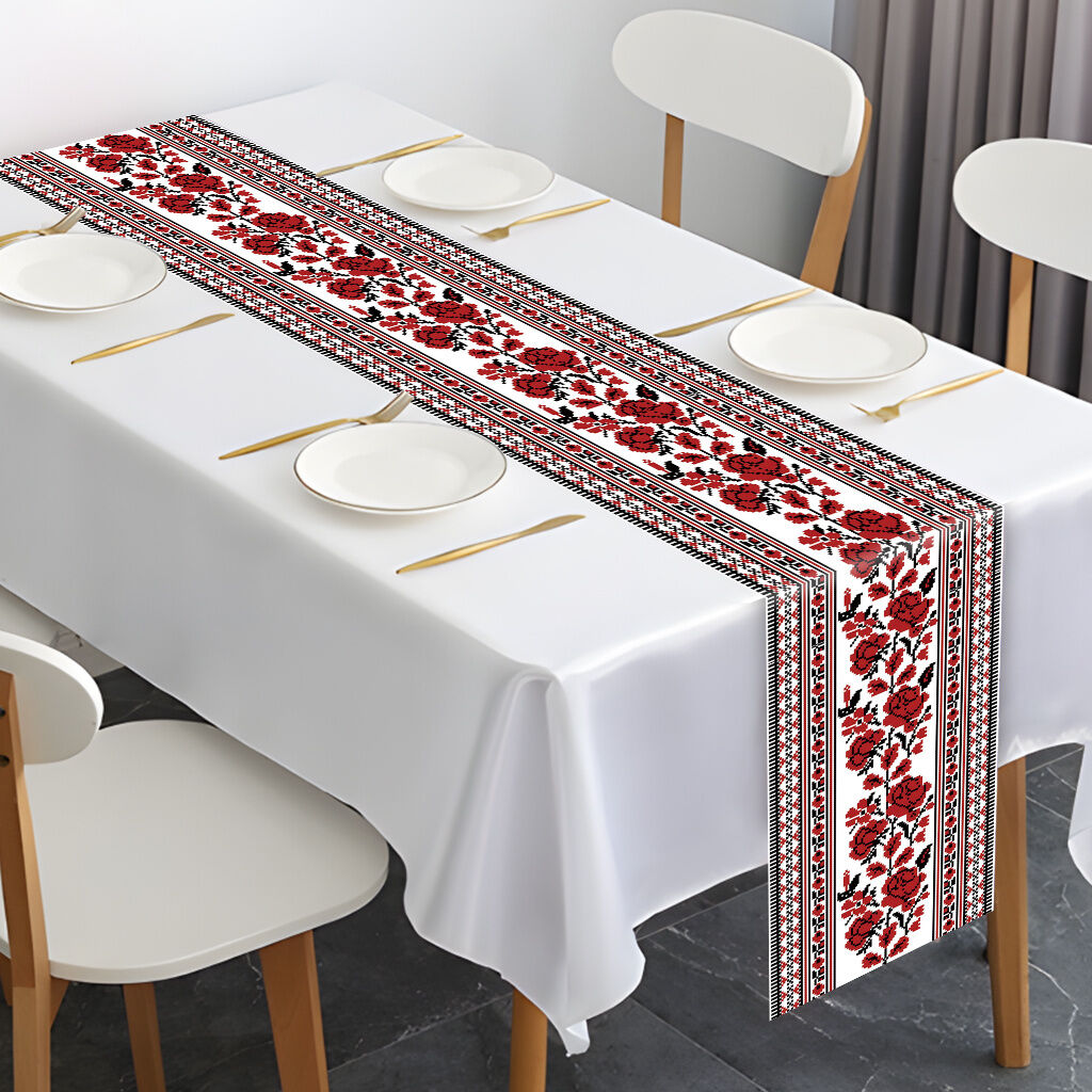 Ukrainian Table Runner – Folk Traditional Print in White, Black & Red (180x35cm)-1