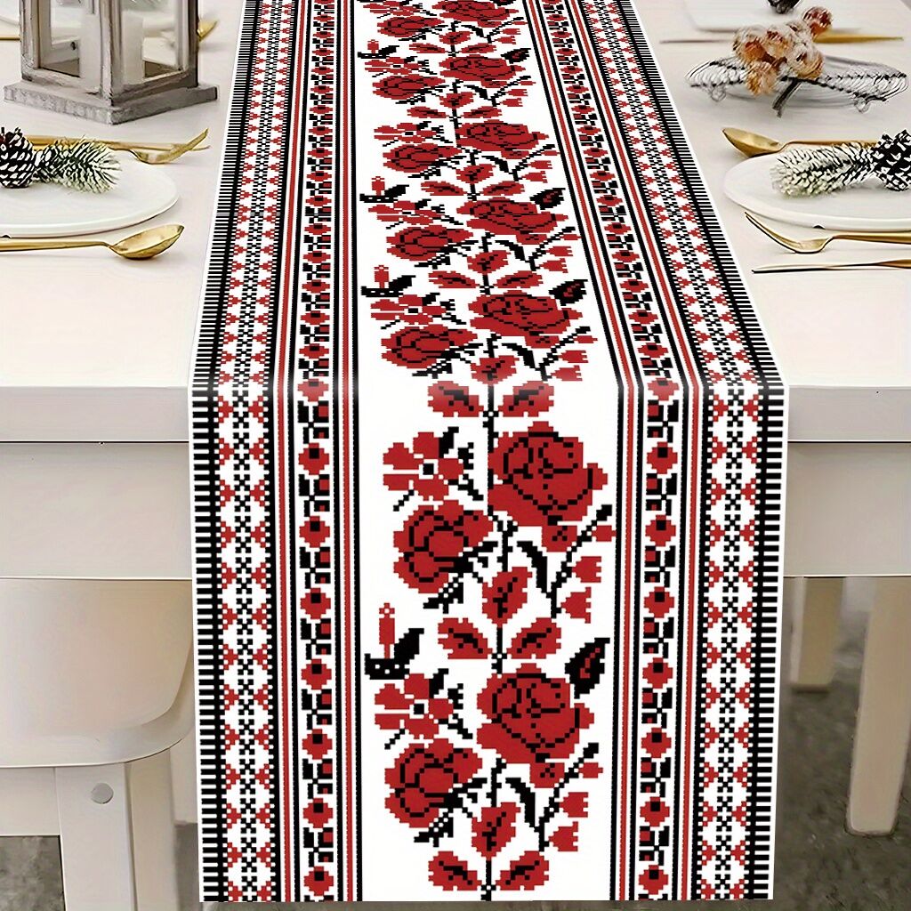 Ukrainian Table Runner – Folk Traditional Print in White, Black & Red (180x35cm)-2