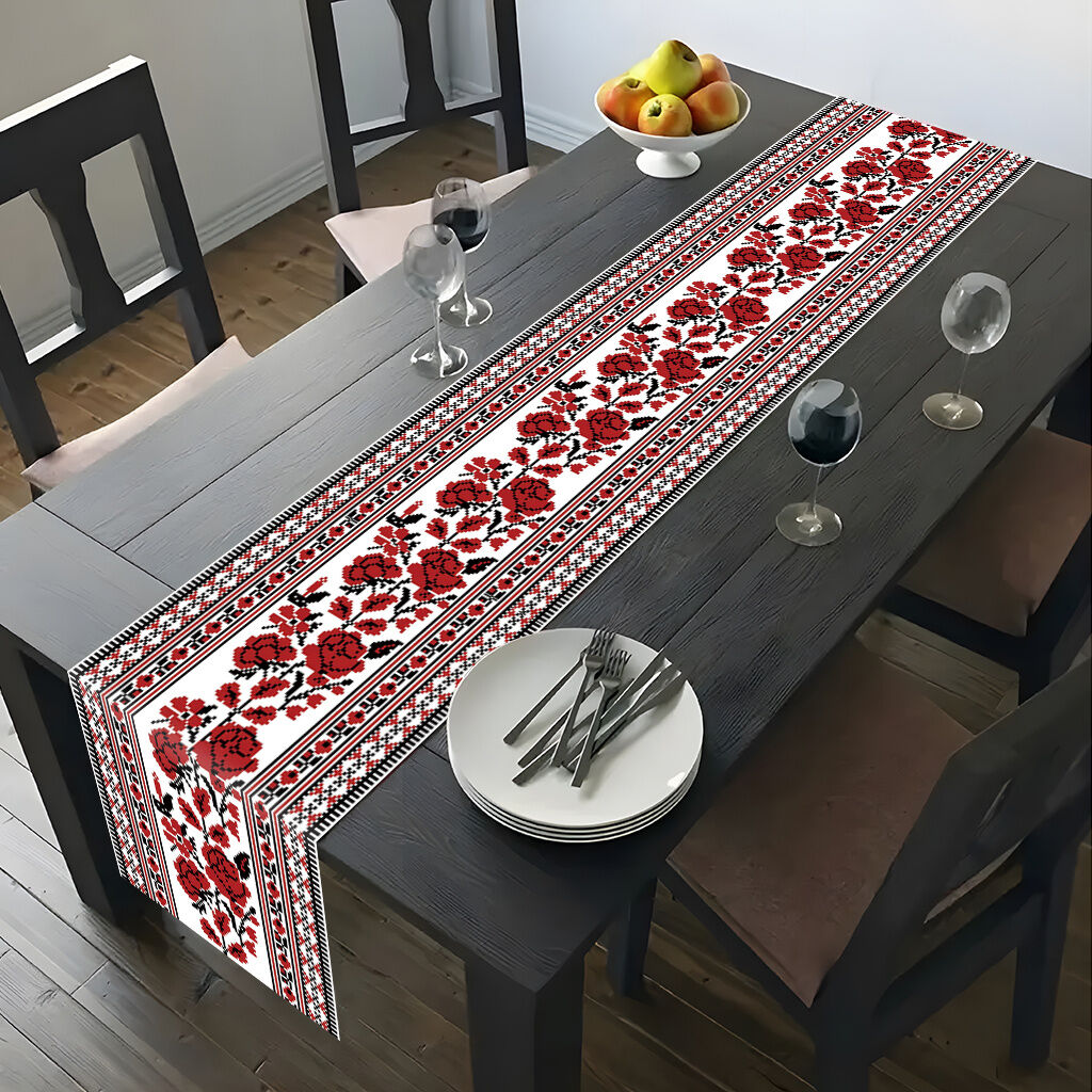 Ukrainian Table Runner – Folk Traditional Print in White, Black & Red (180x35cm)-3