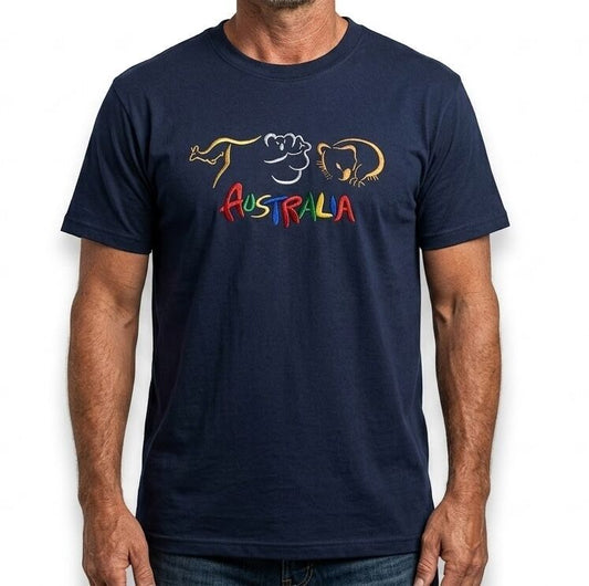 Adult Australia T Shirt Kangaroo Koala 100% Cotton Souvenir Tee Top - Navy Blue