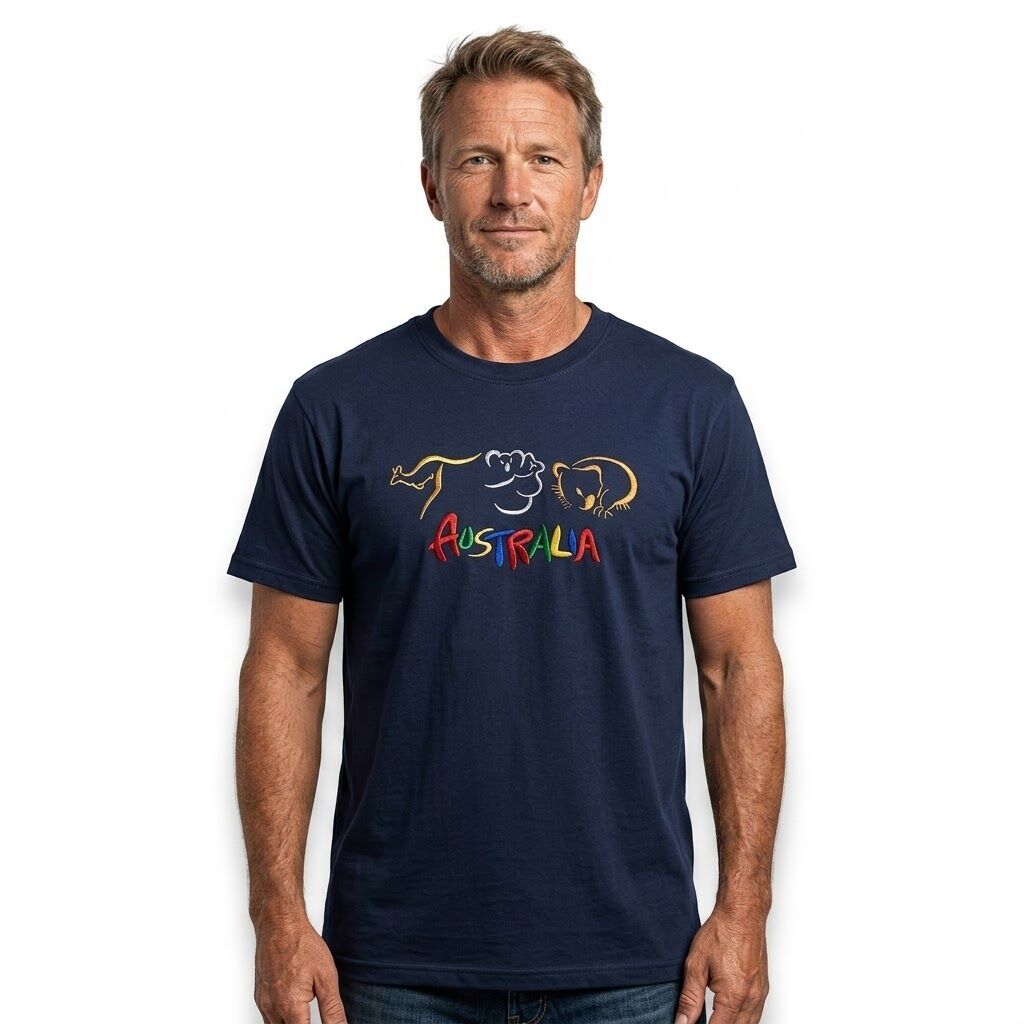 Adult Australia T Shirt Kangaroo Koala 100% Cotton Souvenir Tee Top - Navy Blue
